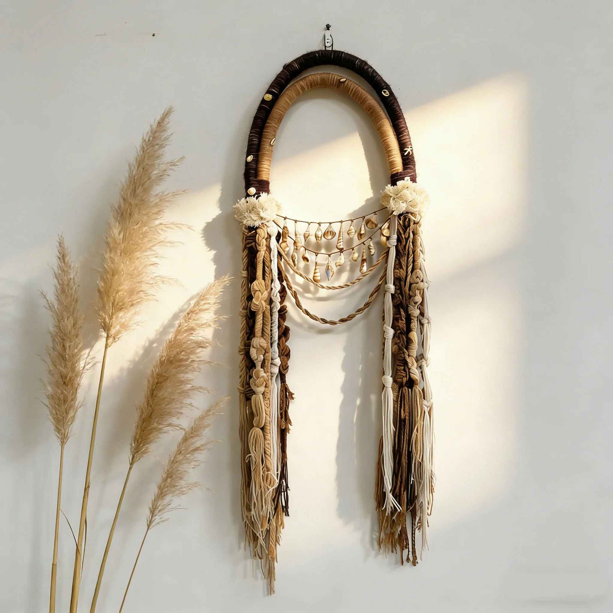 

Handmade Macrame Arch Wall Hanging Natural Jute Cotton Woven Tapestry with Seashells Rustic Boho Wall Decor for Coastal Farmhou