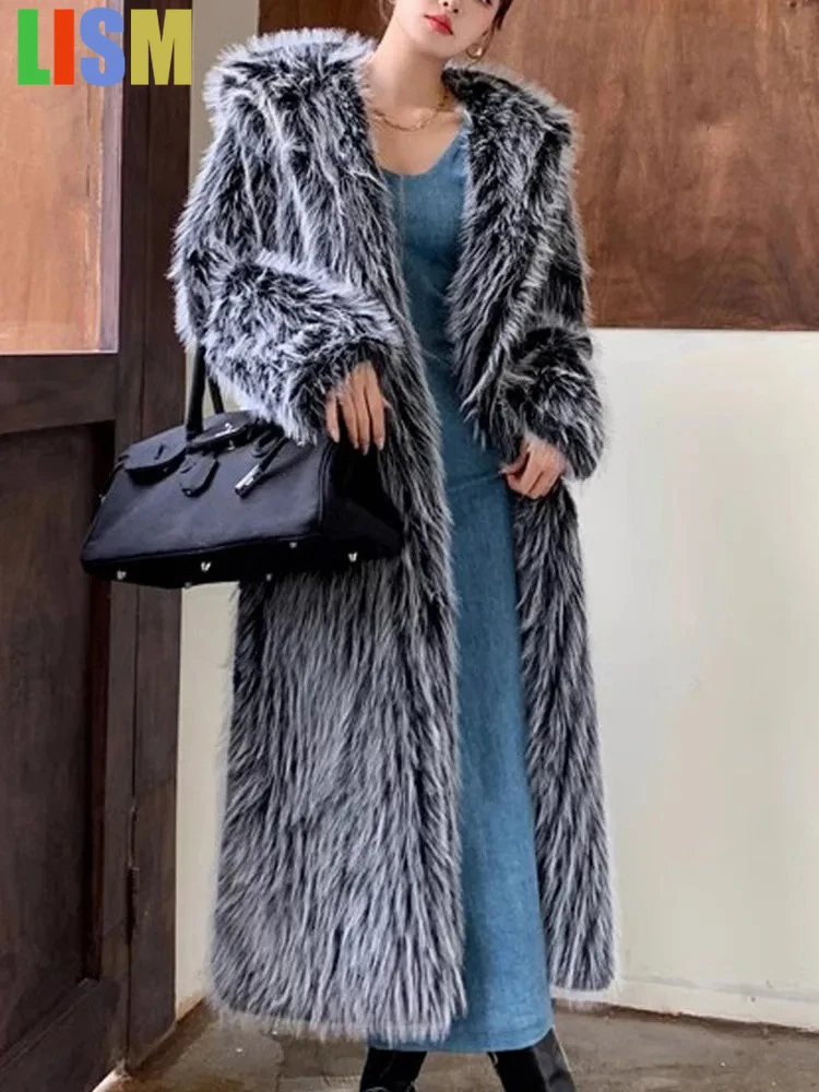

LISM Long Warm Thick Faux Fur Coat Female Long Sleeve Plush Jacket 2025 Women Winter Casual Lady Thick Fake Fur Hooded Outwear