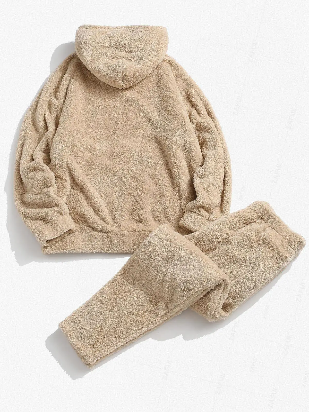 ZAFUL Solid Front Pocket Fluffy Fleece Hoodie And Pants Two Piece Set