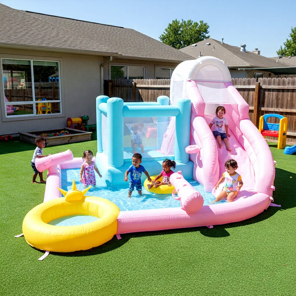 

Commercial Light Candy Color PVC Pastel Rainbow Combo Bounce House Kids Backyard Water Slide Pool Inflatable Castle