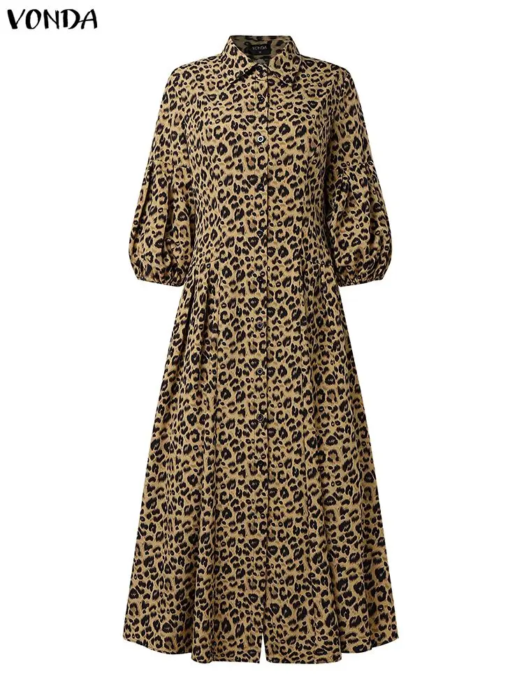 Plus Size 5XL VONDA Fashion Leopard Print Maxi Vestidos Women Autumn Lantern Sleeve Long Shirt Dress Pleated Elegant Party Robe