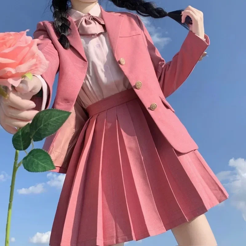 Japanse Roze Metalen Knoop Lange Mouwen Jas Mini Geplooide Rok School Uniform Voor Vrouwen In De Herfst Schattige Koreaanse Школьная Форма