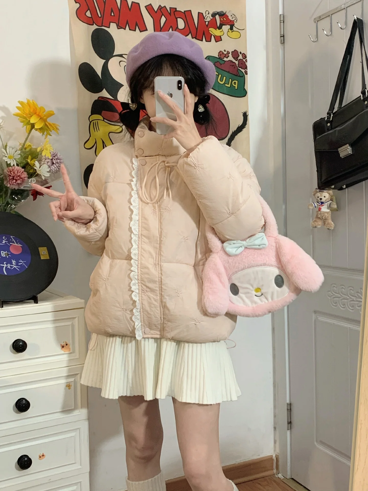 

Зимняя хлопковая куртка Karuababe с кружевными вставками, женская, премиум-класса, розовая, с узлами, свободного кроя, на молнии