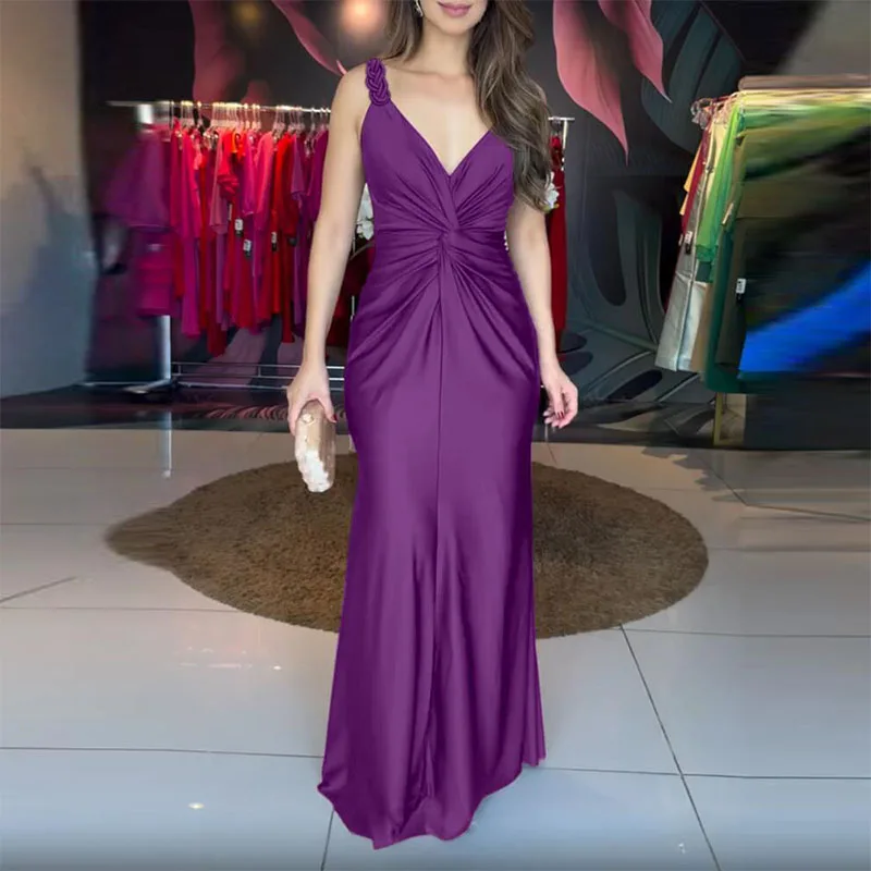 Fashion Solid Color Slim Fishtail Dress Temperament V-neck Twist Sleeveless Halter Dress Elegant Hollow Out Satin Evening Dress