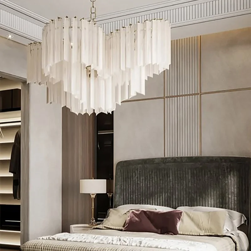 Stylish White Glass Tube Tiered Chandelier with Gold Metal Frame Hanging Pendant Lamp for Dining Room Living Room Decor.