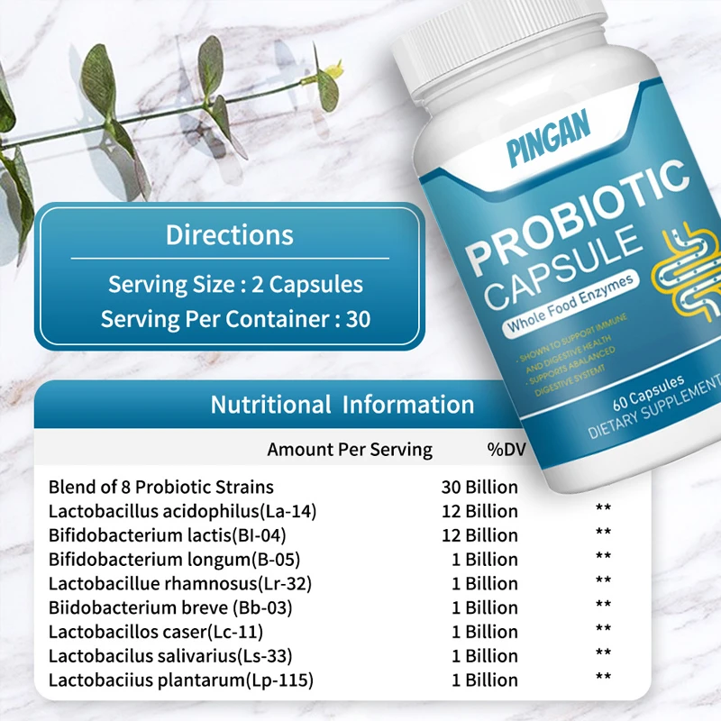 Mélanger 60 capsules de huit probiotiques pour restaurer l'équilibre des bactéries bénéfiques, soulager la diarrhée et le gonflage