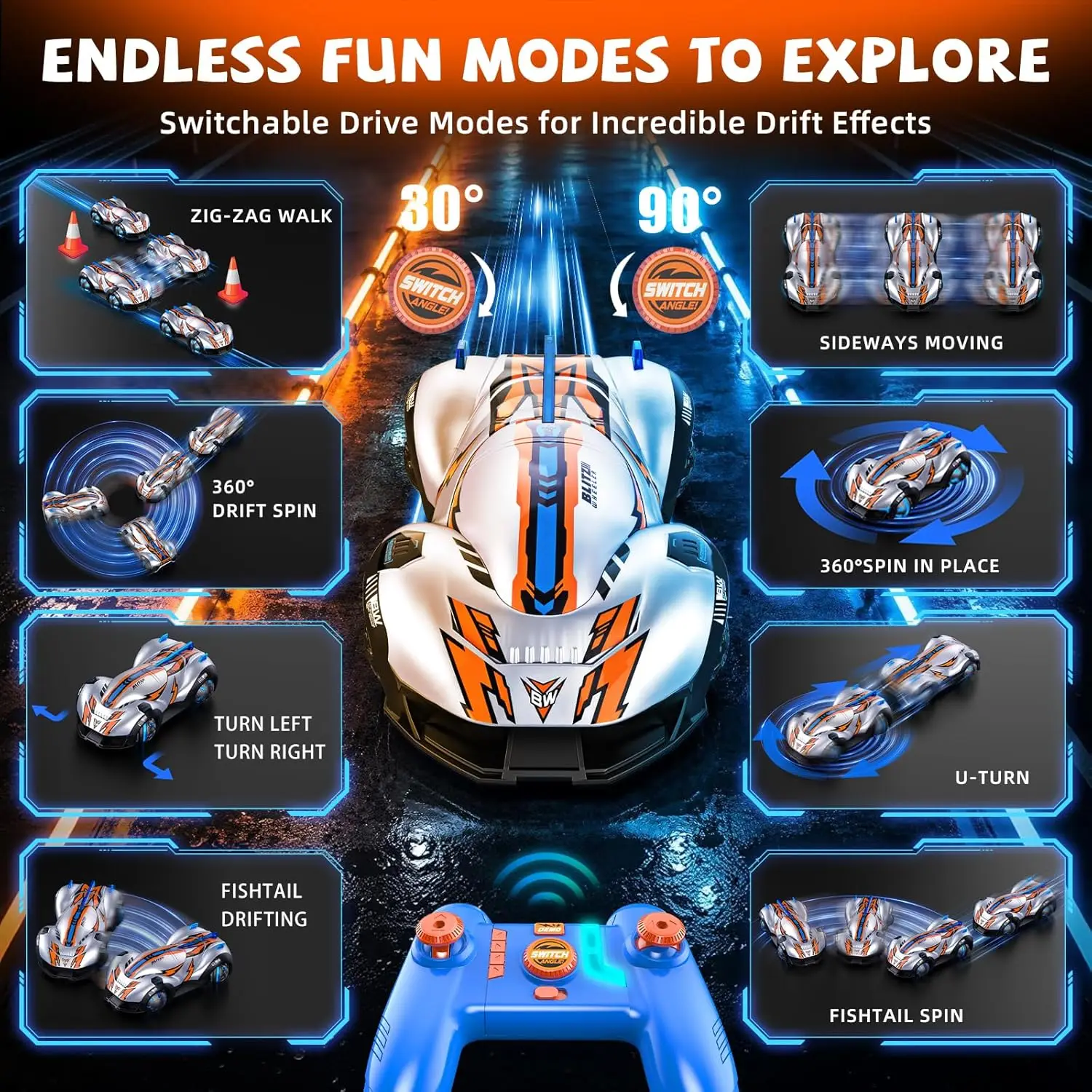 Remote Control Car with Spherical Wheels for Boys 6+ Years Old - Proportional Speed & Steering, 30-90° Adjustable Wheels, 360° Spin, Fishtail Drift, 2.4GHz Birthday Gift