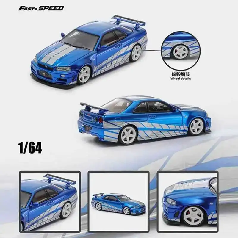 

Fast Speed 1:64 Skyline Z Tune F&F Blue Silver GTR R34 Strips Diecast Diorama Car Model Collection Toys FS