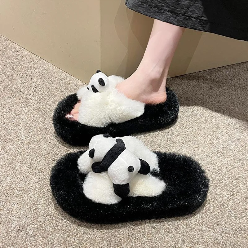 New woman platform fluffy bedroom slippers outdoor 7 cm High heel panda slipper women cross band fluffy slides animal home shoes