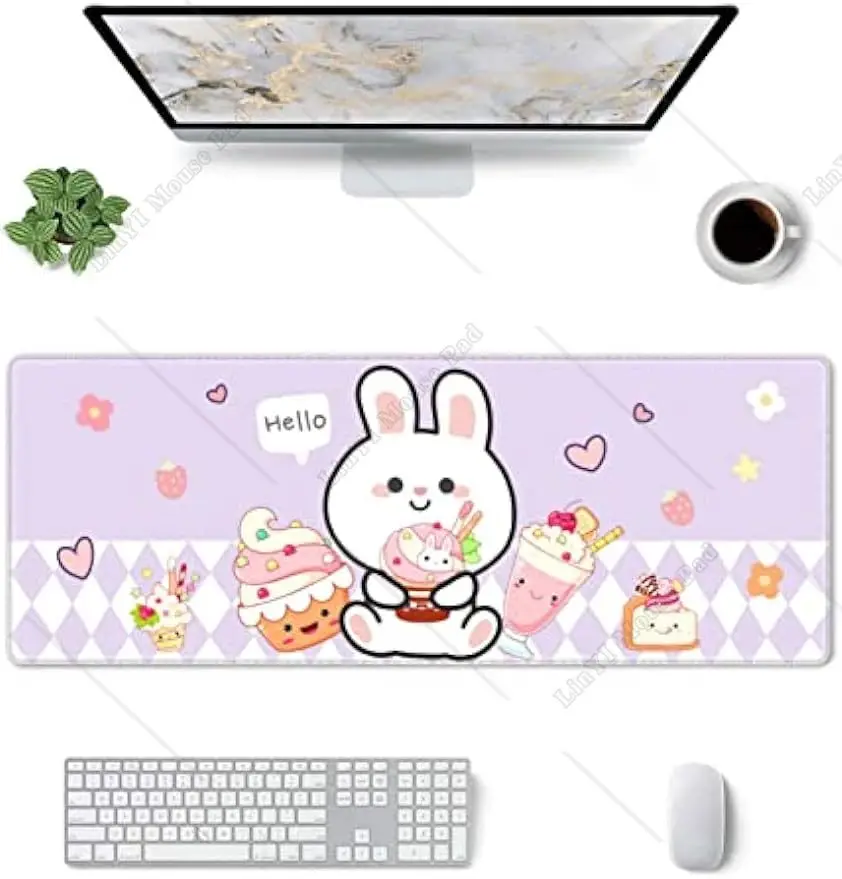 Cute Bunny Ice Cream Mouse Pad Extended Large XL Gaming Mouse Pad Stitched Edges Non-Slip Mouse Mat for Office 31.5 X 11.8 Inch