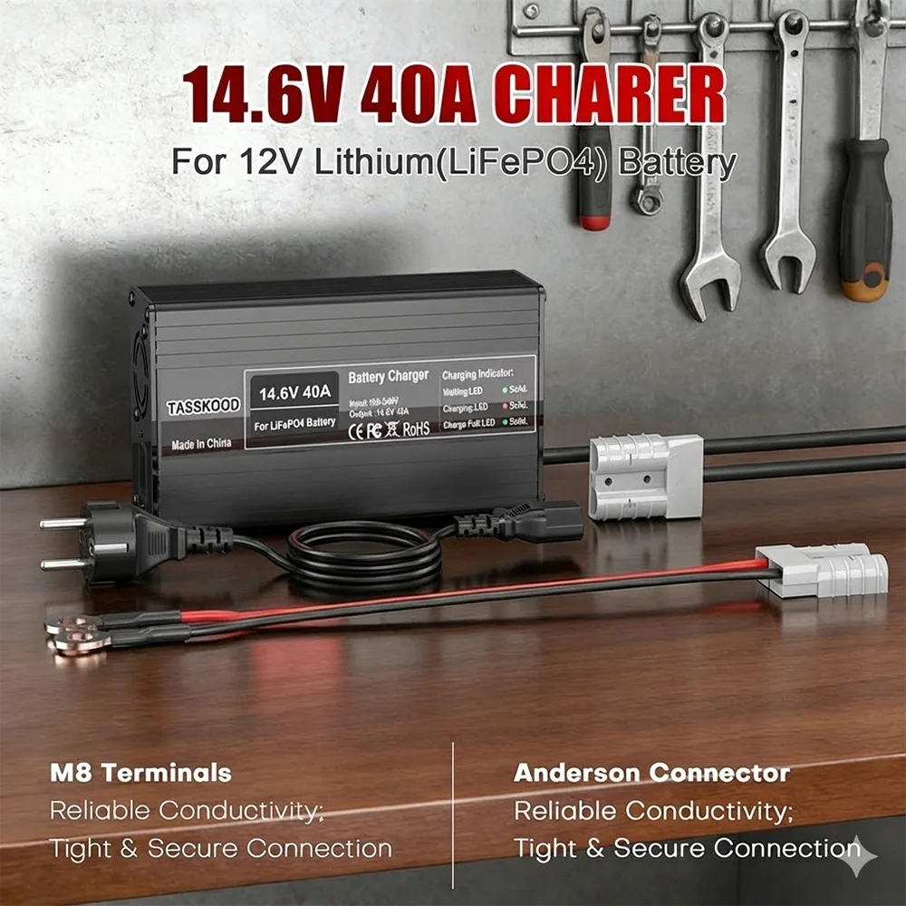 14.6V 40A LiFePO4 배터리 충전기, 12.8V 리튬인산철 배터리용 스마트 충전기, 안전 기능 내장 트리클 충전기