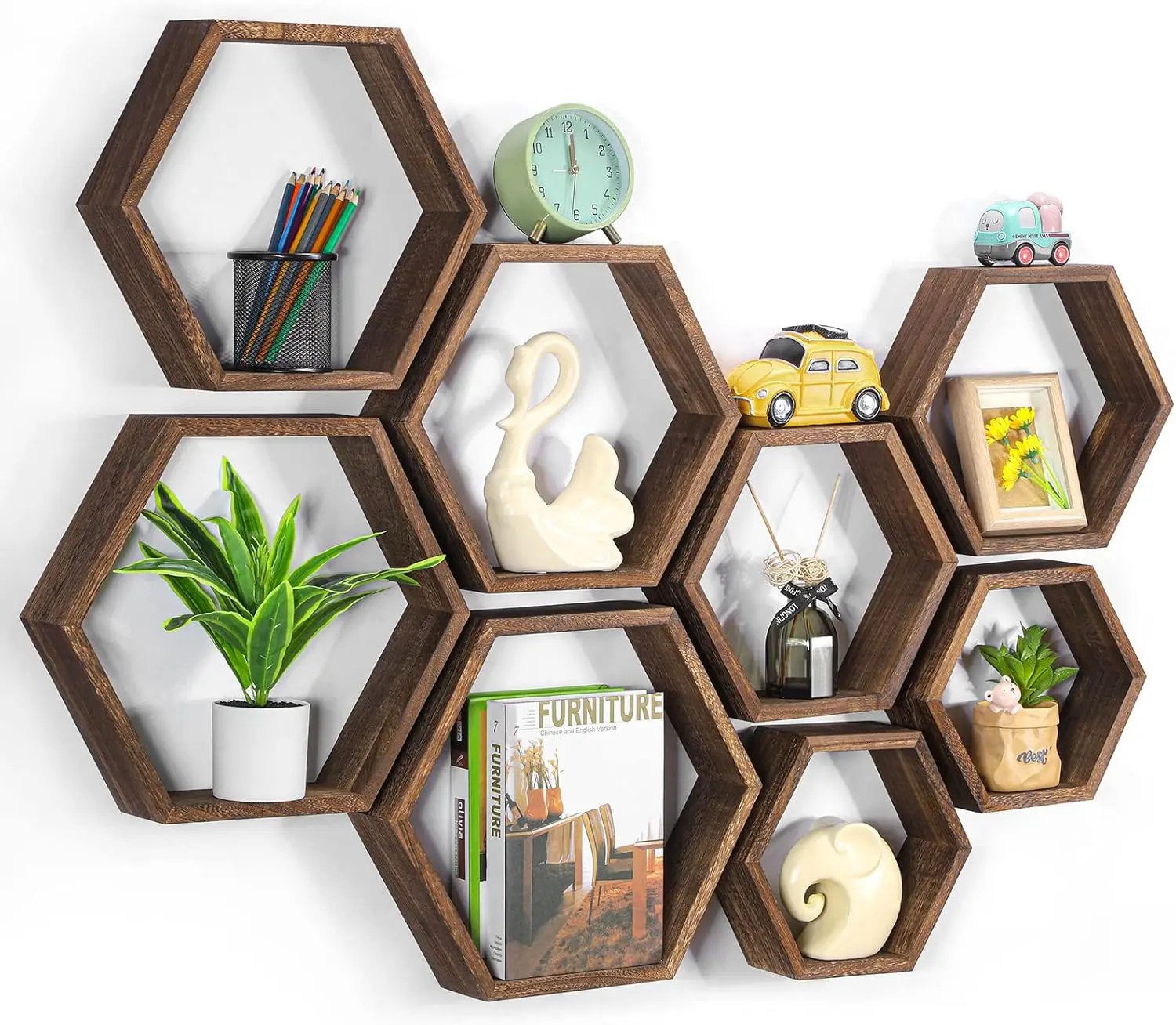 

Set of 8 Hexagon Floating Shelves, Wood Wall Decor Storage Racks for Living Room Bedroom Farmhouse Style