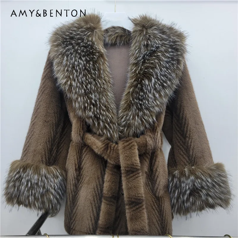 

Женская верхняя одежда с длинными рукавами, средней длины, пальто из искусственного меха Y2k, легкая роскошная шерстяная интегрированная куртка из искусственного норкового меха с поясом