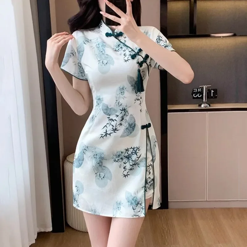 فستان صيفي مثير قصير 2 قطعة مجموعة ملابس النساء فساتين شيونغسام دعوى ملابس امرأة Vestidos الصينية تشيباو أنيقة Ropa Mujer #1