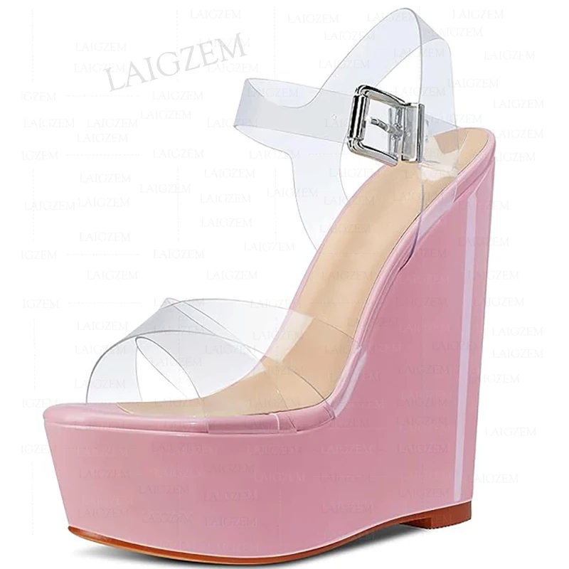 

BERZIMER Women Pumps Platform Wedges Transparent Open Toe Sandals Handmade Height Increase Shoes Woman Large Size 38 40 43 45 52
