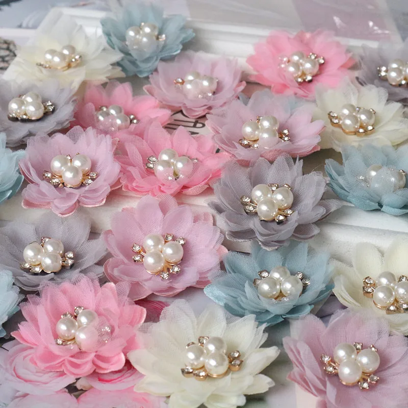 5Pcs/Lot 5CM Pearl Center Handmade Fabric Flowers DIY Decorations For Wedding Party DIY Accessories Craf Supplies