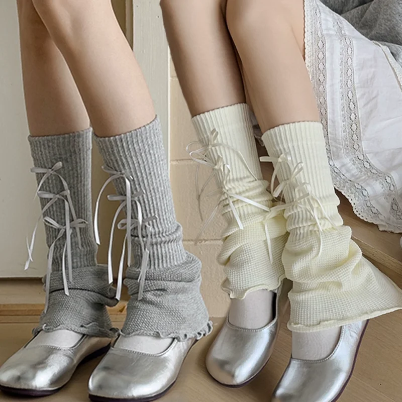 

Новые осенние чулки с открытой трубой для женщин, длинные носки до середины икры в балетном стиле с лентами и бантами для девочек