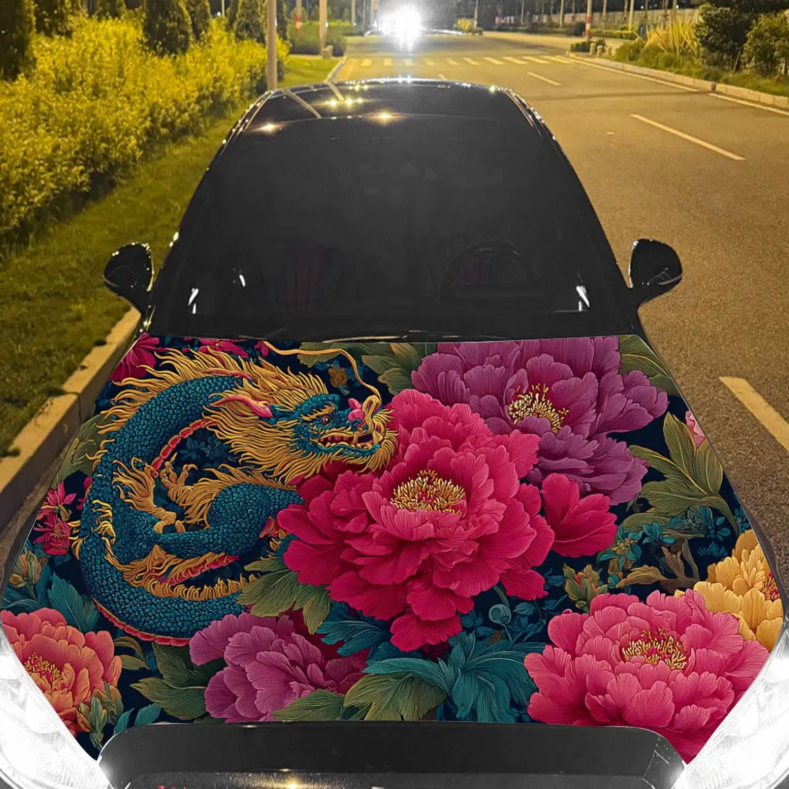 

Автомобильные наклейки с цветочным дизайном дракона, выгибающие яркие цвета, гармонии и роскошные цветы, насыщенные художественные композиции, капот автомобиля S
