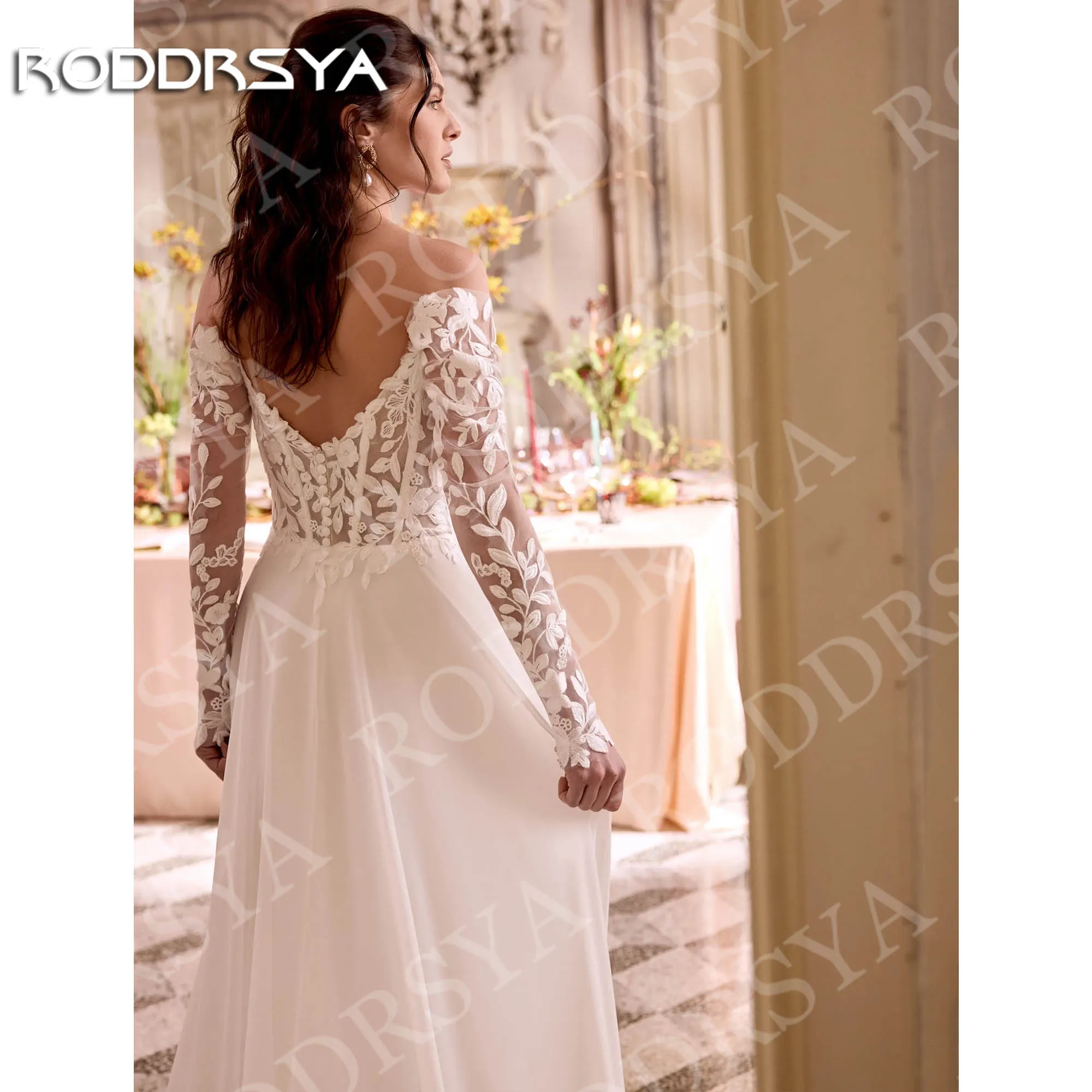 RODDRSYA فستان زفاف على شكل حرف A بأكمام طويلة للنساء رومانسي بدون أكتاف دانتيل بفتحة عالية فساتين زفاف مخصصة فيستدو دي نوفيا خط فستان زفاف طويل الأكمام امرأة رومانسية قبالة الكتف الدانتيل عالية الشق فساتين العروس مخصص