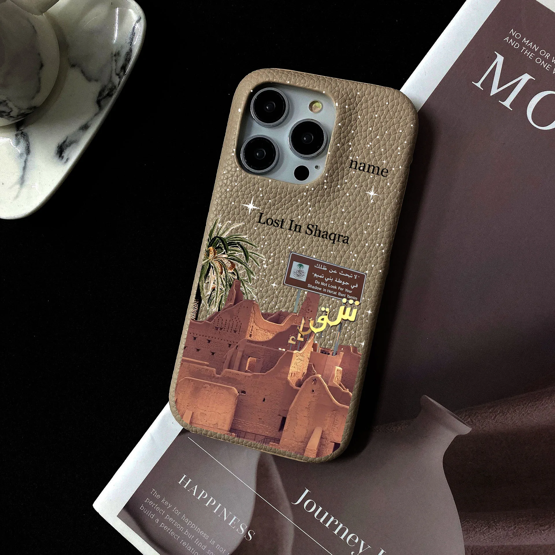 

Personalised Name Plam Trees Pebble Grain Leather Case For Iphone 15pro max 14 13 Pro Max 12 Mini 11 kafr letters Luxury Covers