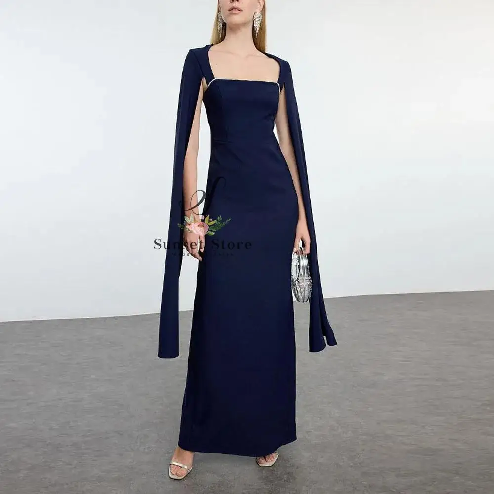 

Customized Navy Blue Unlined Woven Long Stylish Evening Dress Night Graduation Dresses with Cape Sleeve Square Neck Satin Dress