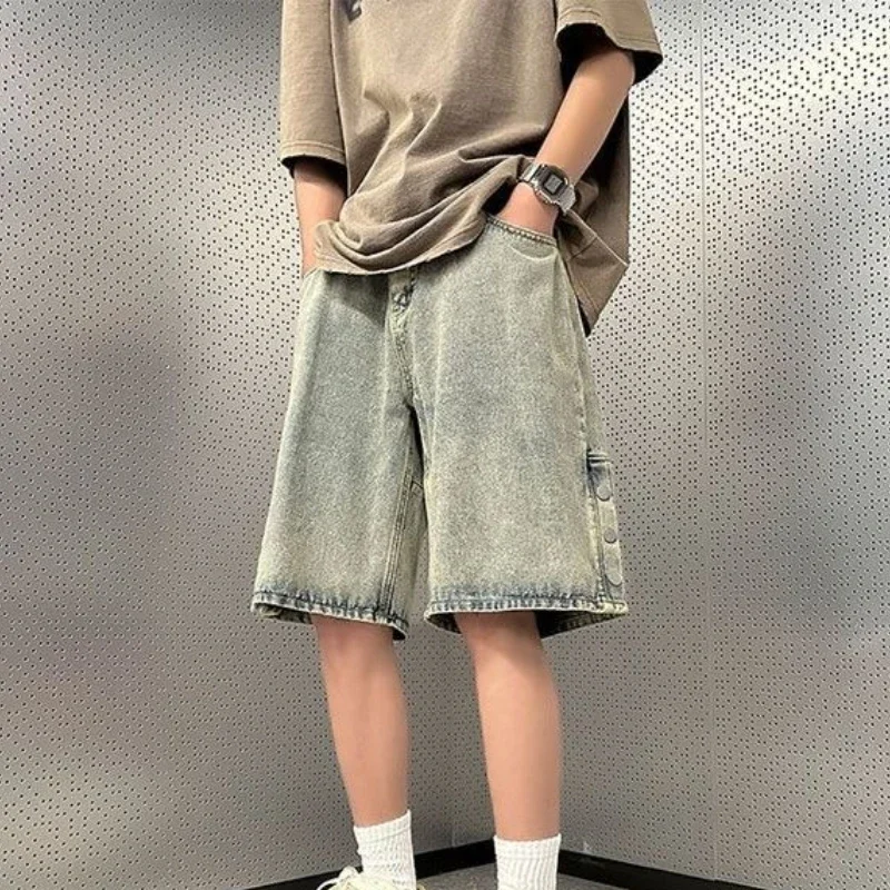 ハーフマンデニムショーツ、バギードローストリング、ワイドリップド、ポケット付き、ロングバミューダ、ルーズショートジーンズパンツ、メンズサマーXLボタン