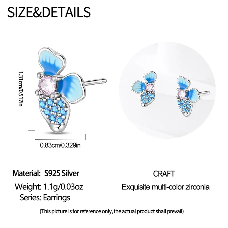 Pendientes de pétalos azules frescos de plata pura 925, adecuados para la venta al por mayor de regalos de joyería para mujeres adolescentes