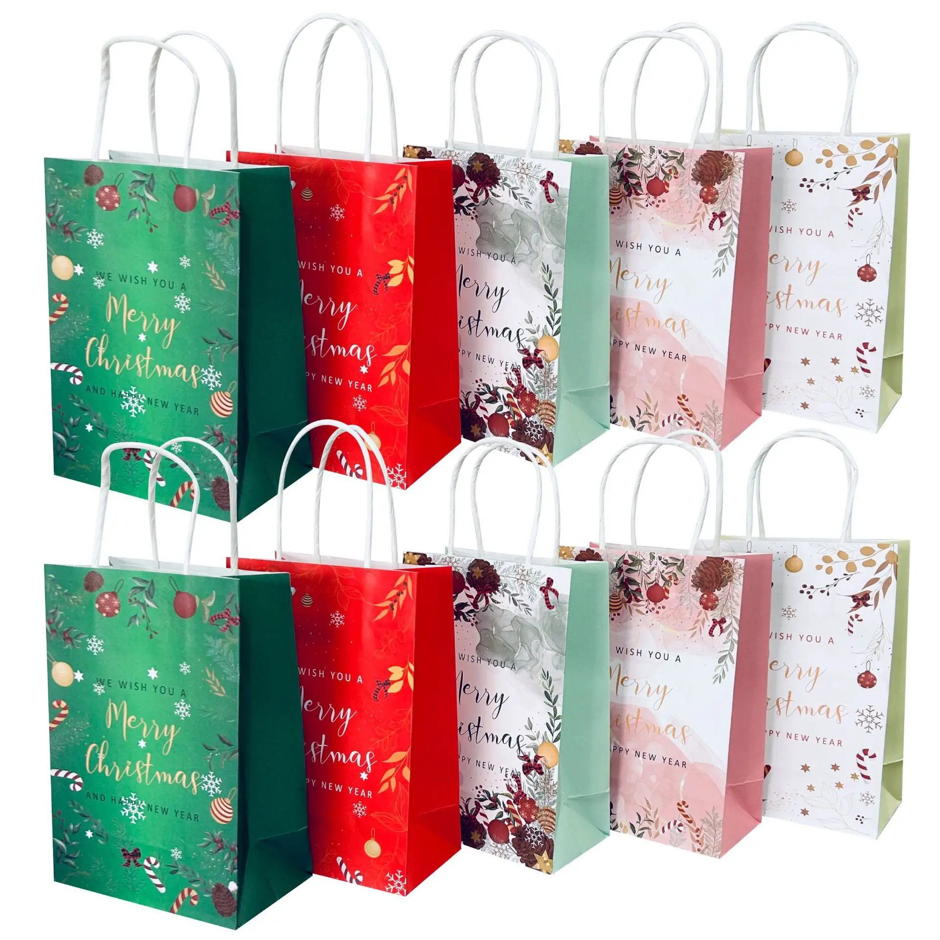 

10/20pcs Happy New Year Christmas Gift White Kraft Paper Christmas Candy Wrapping Flower Themed Tote Bags