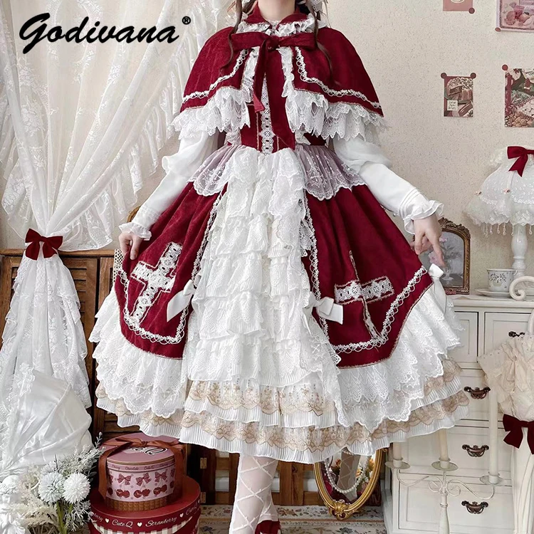 

Lolita Cos Dress Set Outfits Women's Sweet Lace Splicing Slim Suspender Dress with Cloak Bnt Girls Cos Flower Wedding Dress