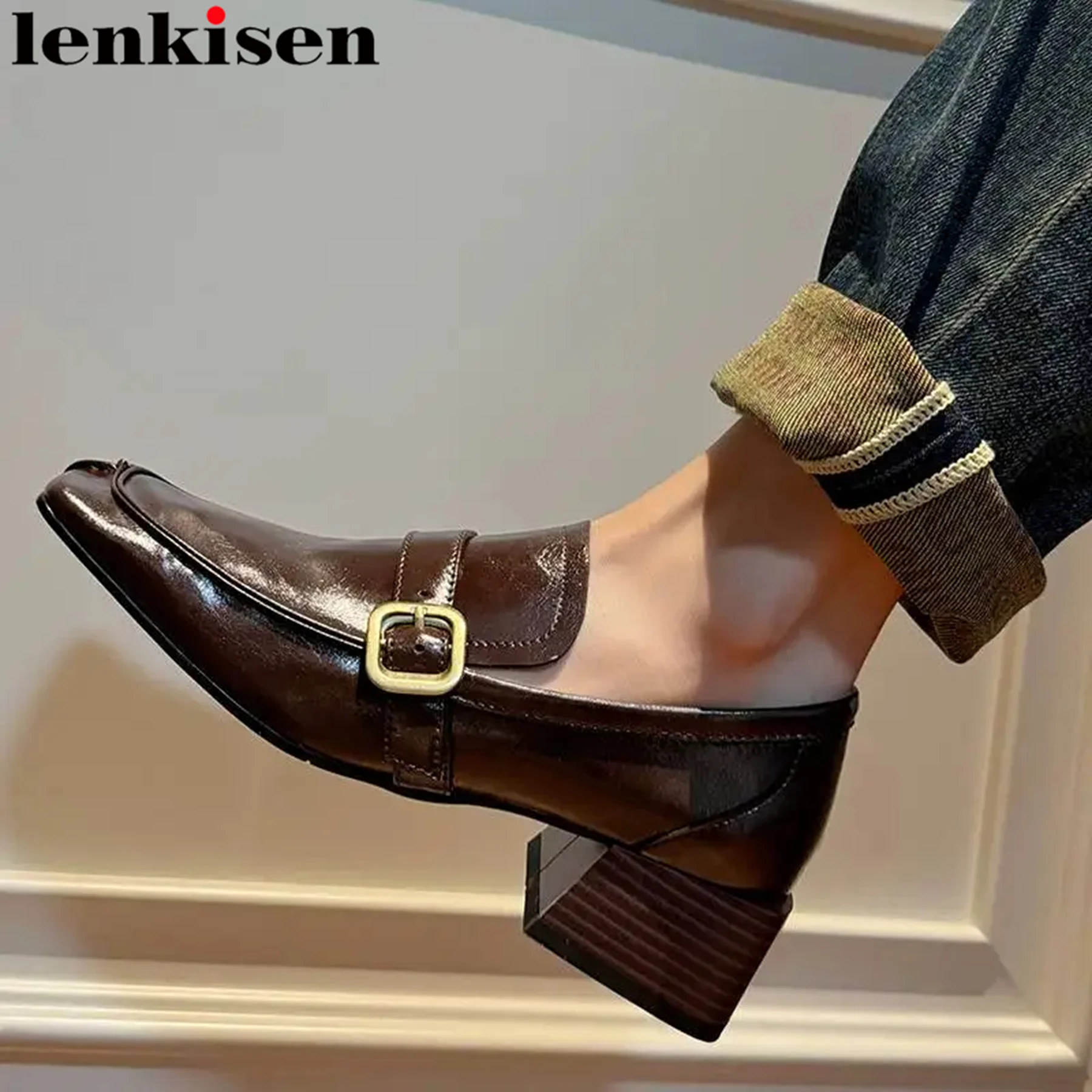 

Lenkisen Cow Leather Chunky Med Heels Square Toe Vintage Spring Autumn Shoes Dress Loafers Metal Buckle Deep Mouth Women Pumps