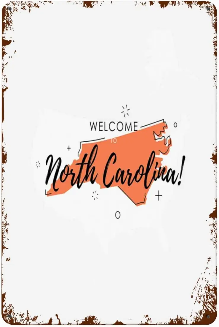 ANWND Retro Metal Tin Sign Welcome Sign USA Map North Carolina Salmon White Black Vintage Aluminum Sign for Home Coffee Wall Dec