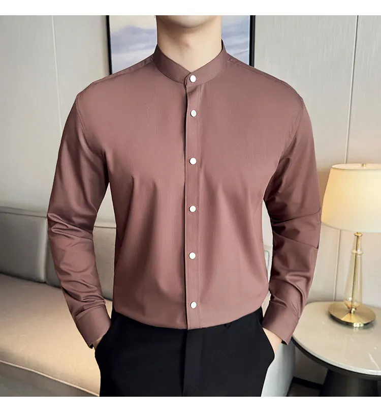 

Новая мужская рубашка с воротником-стойкой в китайском стиле, роскошная дизайнерская приталенная рубашка хорошего качества, мужская одежда, рубашка с длинным рукавом, кофе 2025