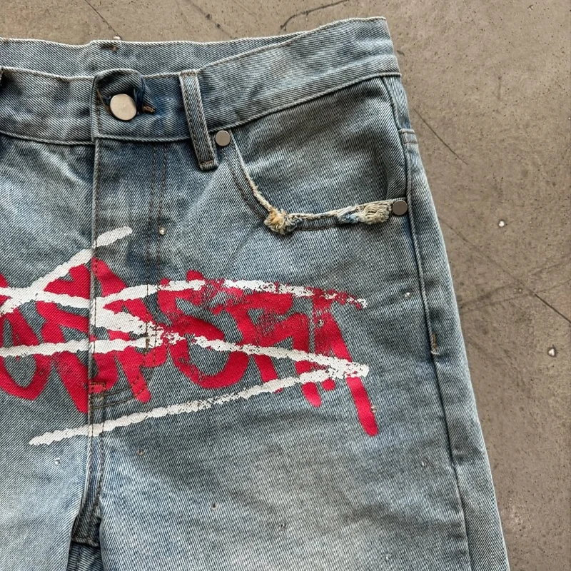 Y2k harajuku verão denim shorts impresso graffiti jorts estilo de rua gótico hip hop retro tendência streetwear das mulheres dos homens calças largas