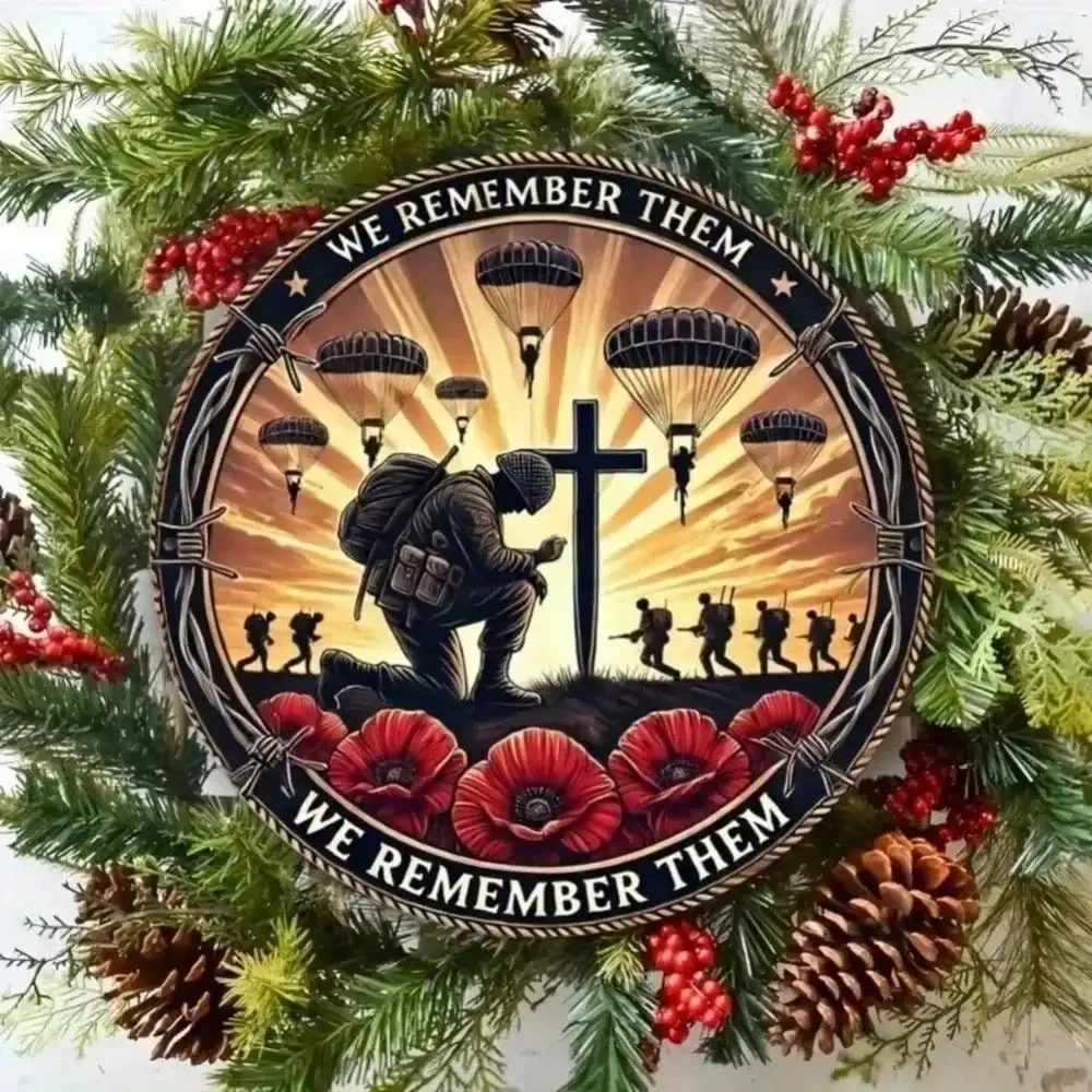CIFBUY Remembrance Day Soldier Cross Poppy Round Aluminum Wall Sign Veterans Memorial Theme Pre‑Drilled Wall Decor