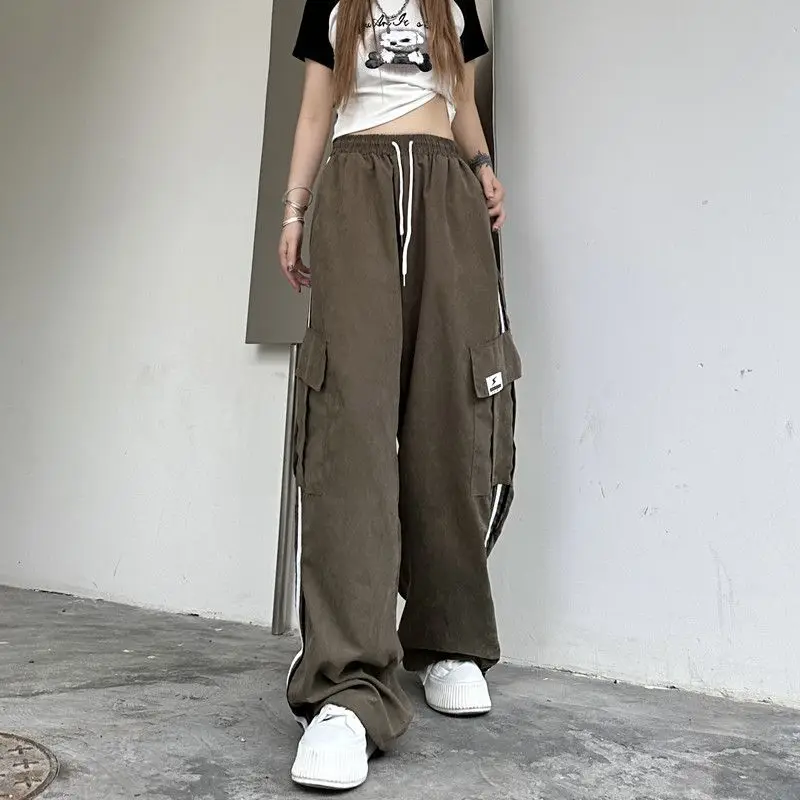 American Retro Work Pants Women\'s Korean Version Loose Casual Small Vertical Floor Length Wide Leg Pants