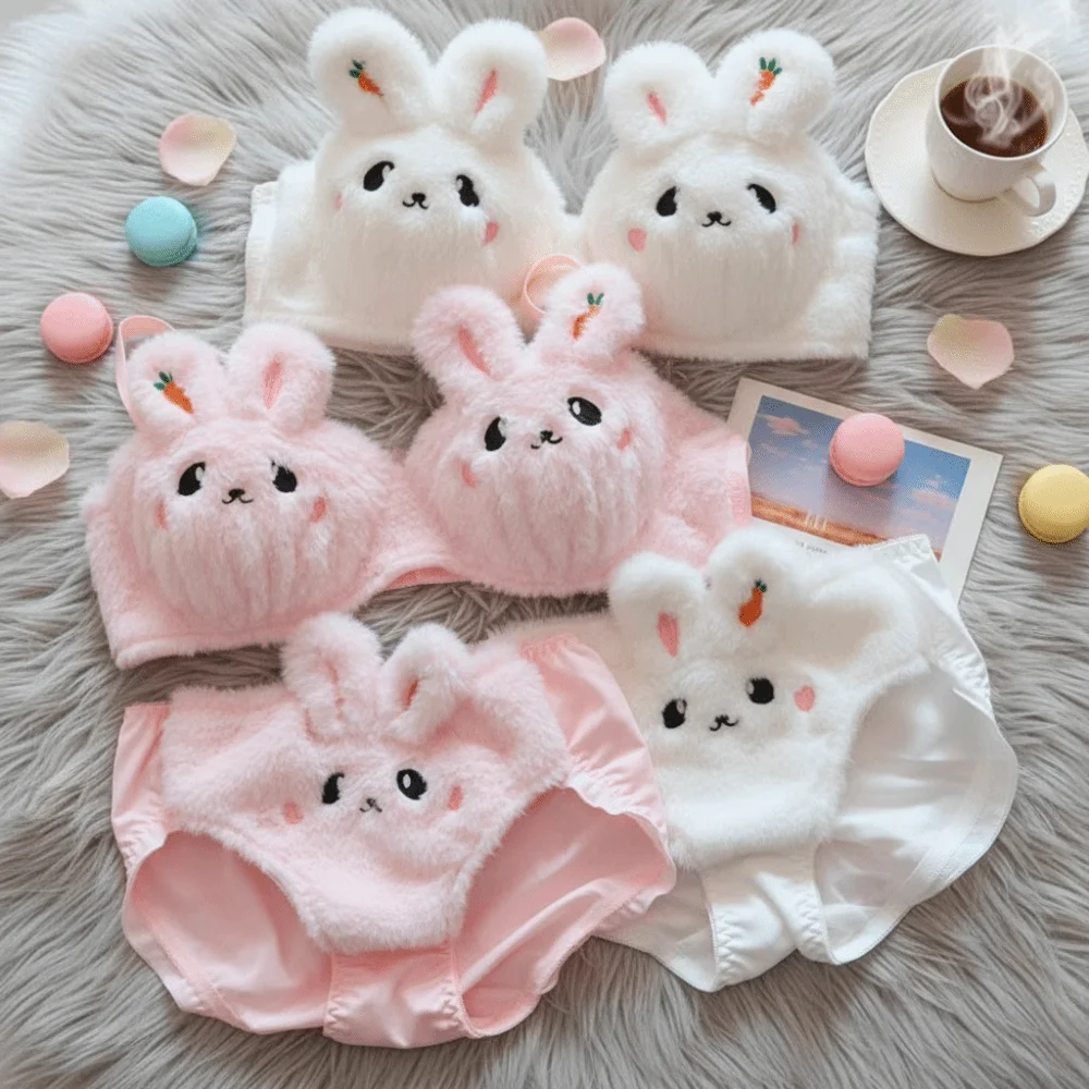 

Удобный плюшевый бюстгальтер с кроличьими ушками и низкой талией, беспроводной бюстгальтер, трусики, костюм, нижнее белье с рюшами, женский комплект нижнего белья