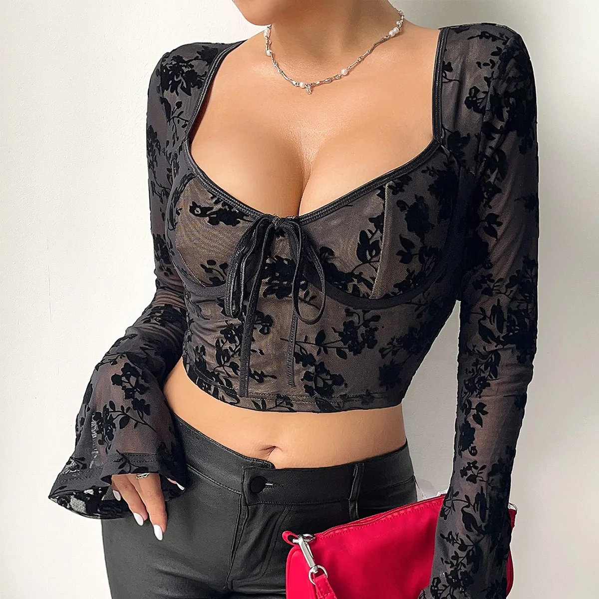 Sexy Square Neck Flare Long Sleeves Tops for Women Corset Crop Tops Fashion Printed Tank Top Vest Pullover Slim Camisole Outfits