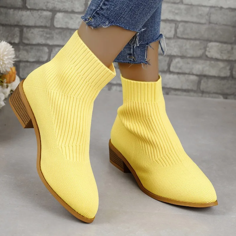 Ankle Sock Boots for Women Fashion Medium Heel Pointed Toe Knitted Short Chelsea Boots Female Casual Heeled Shoes Footwear Pumps