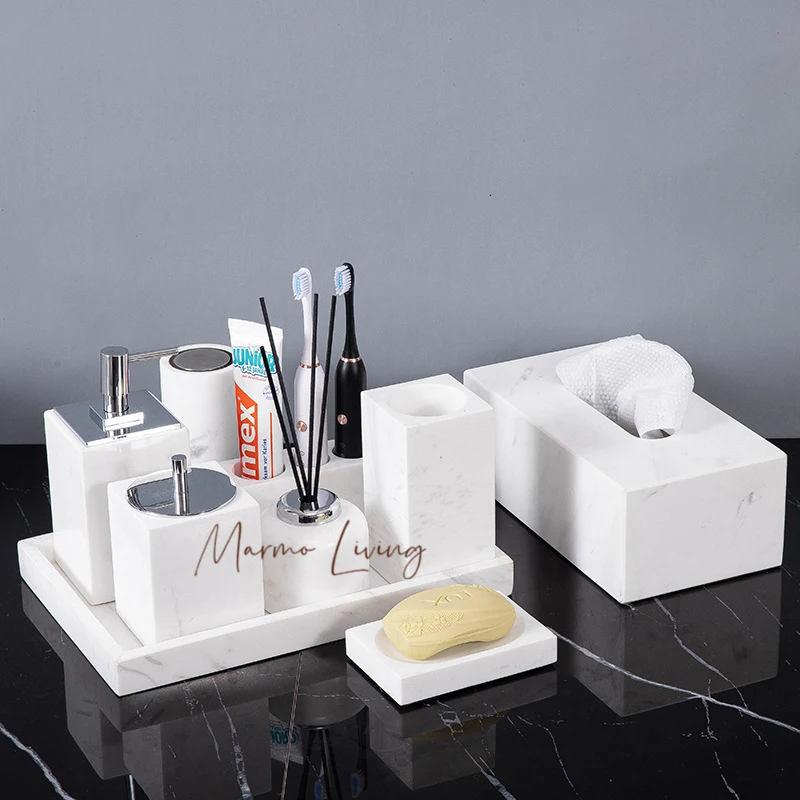 

Minimalist Volakas White Natural Marble Set for Bathroom Luxury Soap Dispenser Toothbrush Holder Tray Bathroom Set