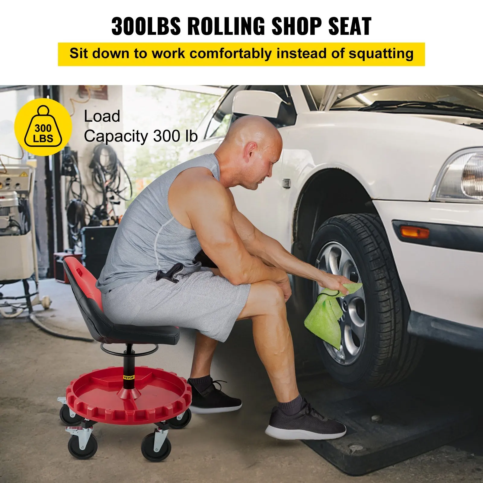 VEVOR Rolling Garage Stool, 300LBS Capacity, 18