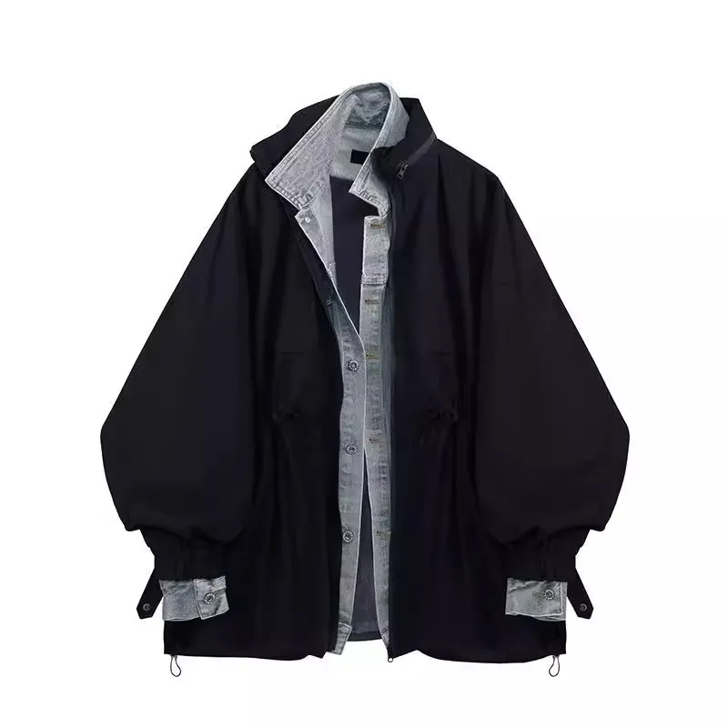 

Loose Fit Casual Denim Patchwork Jaet plus Size 300 Pou Korean Sle Men's Outerwear Polyester Material Regular Length