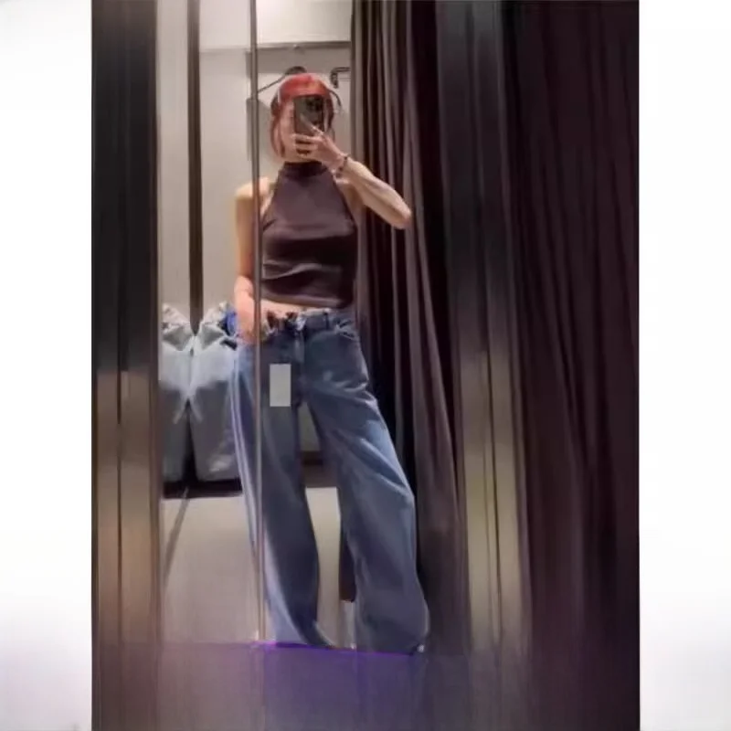 

Spring 2024 High Waist Wide Leg Denim Jeans Women's Floor-Length Loose Slimming Waed out Distred Casual Trousers
