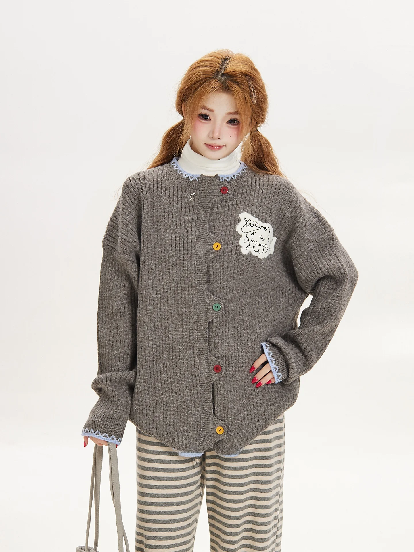 Retro Ant Embroidered Open Cardigan Sweater Women's Loose Lazy Knitted Jacket Trendy College Style Long Sleeve round Neck