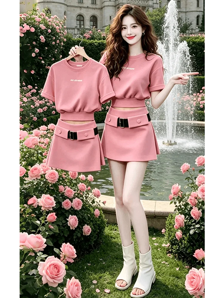 

Summer New Pink Letter round Neck Short Sleeve T-Shirt High Waist Skirt Two-Piece Set Women's Fashion Comfortable Casual...