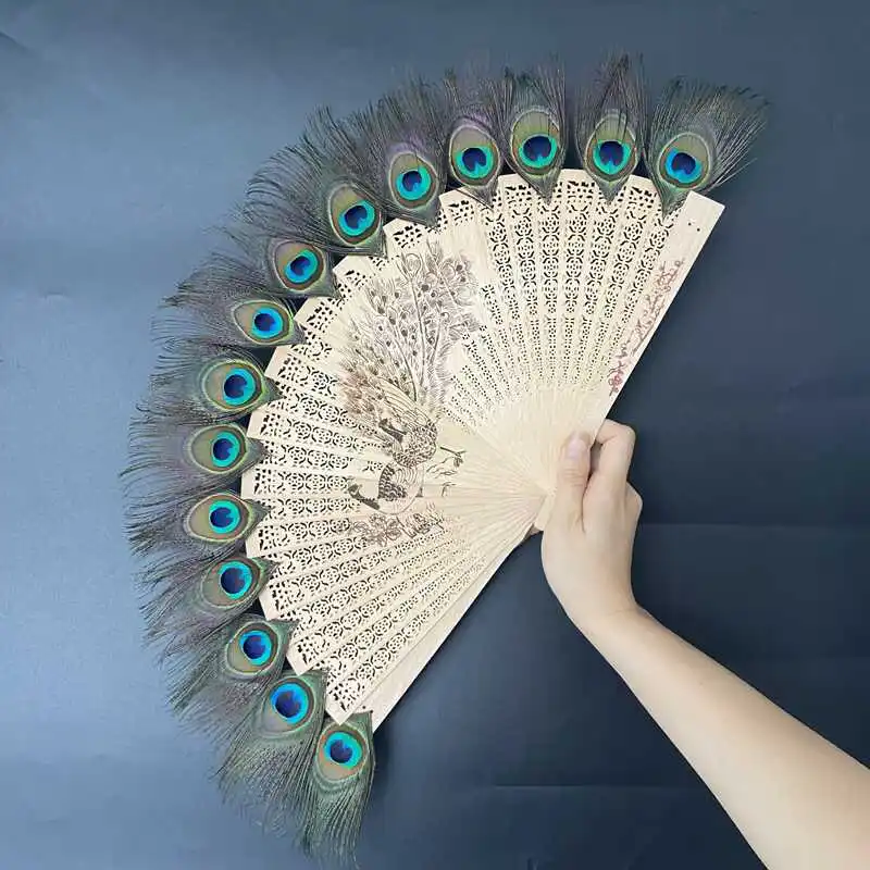 Peacock Feather Fan Folding Decorative Hollow Folding Fragrant Wood Dancing Folding Home Free Ship