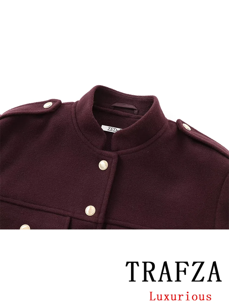 TRAFZA Vintage Casual Chic Carlet Women Jackets Solid Stand Collar Long Sleeve Warm Coat New Fashion 2024 Autumn Winter Outwear