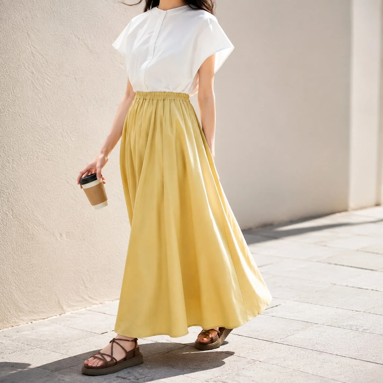 Distressed a Line Skirt Midi Length Casual with Japanese Korean Casual Summer Wrinkle Treatment No Stretch Skirts for Women