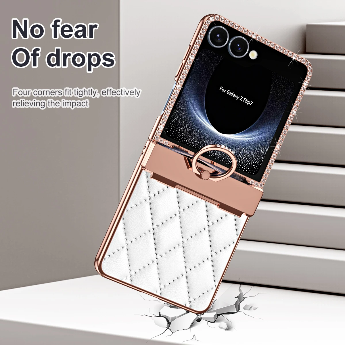 Para samsung galaxy z flip 7 couro galvanizado texturizado glitter diamante com anel pendurado anti-impressão digital caso de telefone