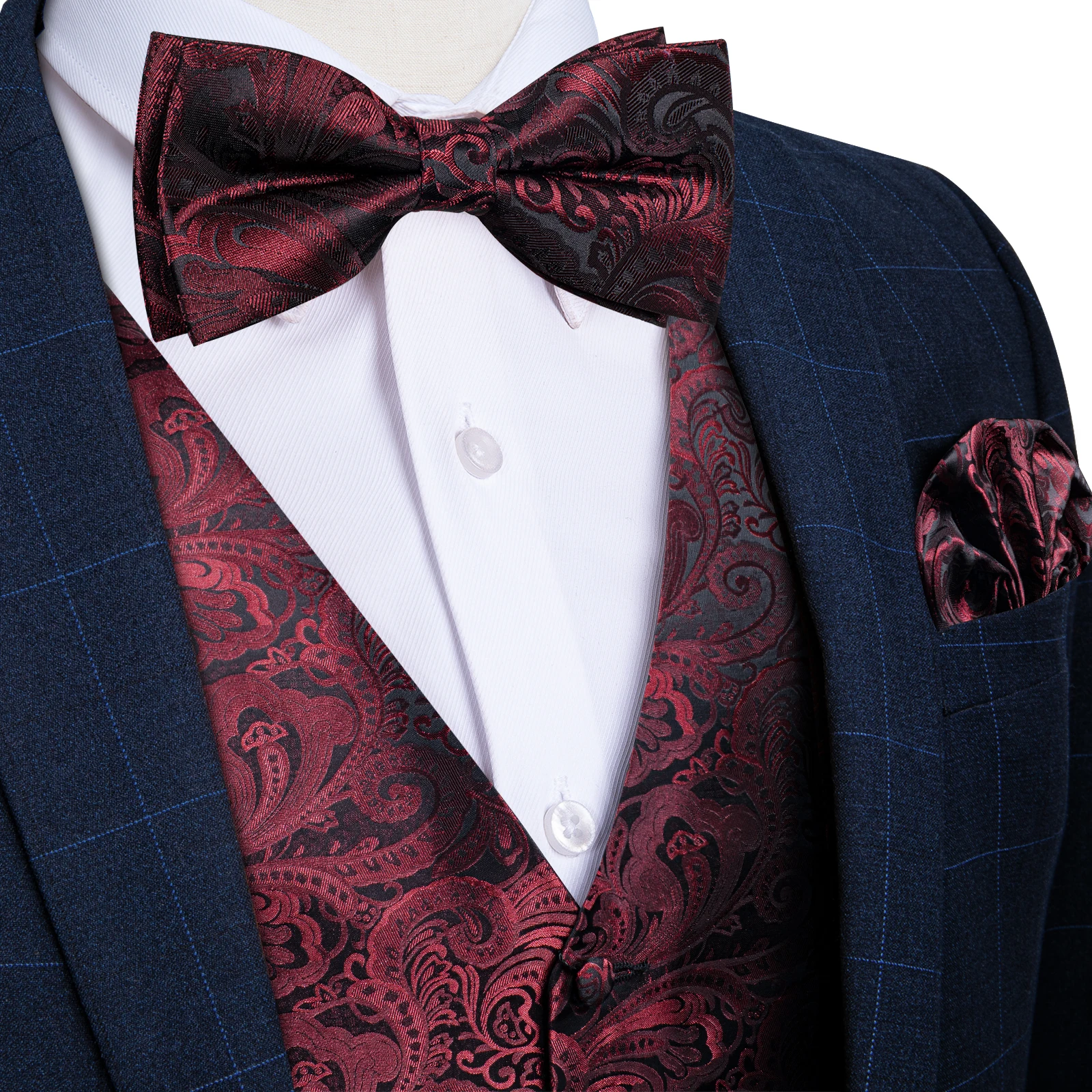 Ensemble complet d'accessoires pour gilet Paisley bordeaux : nœud papillon, pochette de costume et b