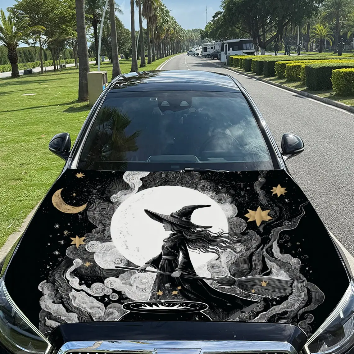 

Moonlit Witch Flying on Broom Car Vinyl Wrap, PVC Material Waterproof Car Hood Sticker, Self-Adhesive Scratch-Resistant Stickers